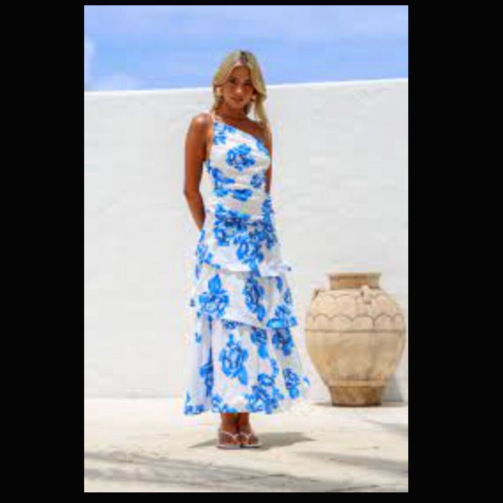 NWT Gingham & Heels Aspra One Shoulder Midi Dress – Blue Floral (Size M)